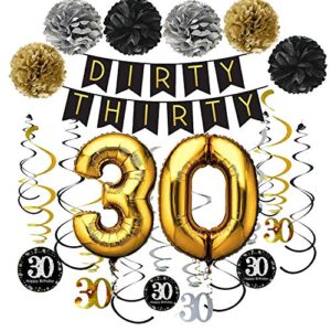dirty thirty banner with pom poms 30th glittery hanging streamers 30 years old balloons for 30th happy birthday party decorations pack