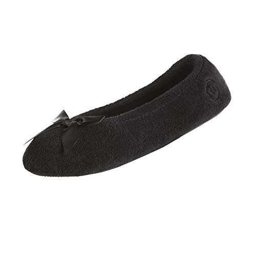 isotoner womens Terry Ballerina With Bow for Indoor/Outdoor Comfort Slipper, Black, 9-Aug US