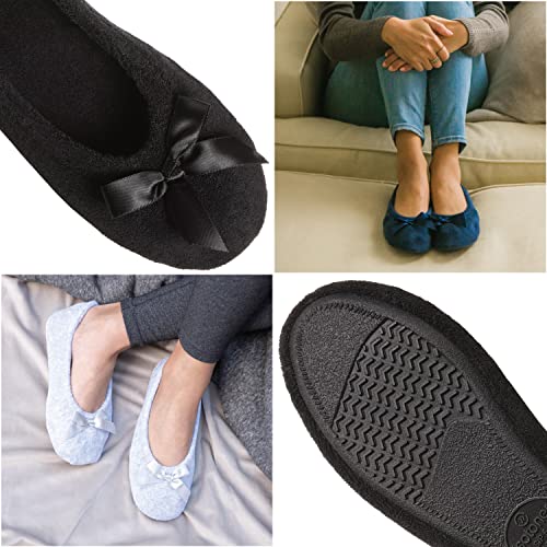 isotoner womens Terry Ballerina With Bow for Indoor/Outdoor Comfort Slipper, Black, 9-Aug US