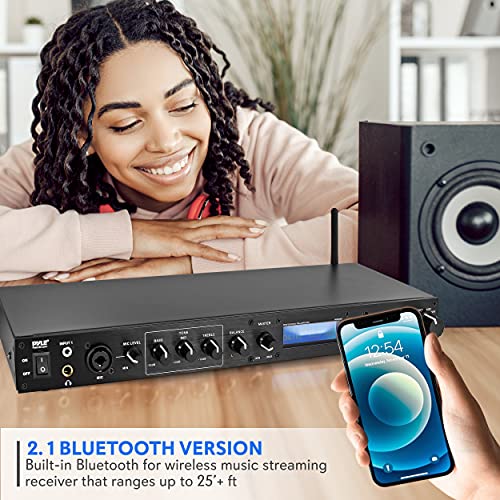 Pyle Rack Mount Studio Pre-Amplifier - Audio Receiver System w/ Digital LCD Display Bluetooth FM Radio Recording Mode Remote Control USB Flash or SD Card Reader Input and Output Jack - PPRE70BT