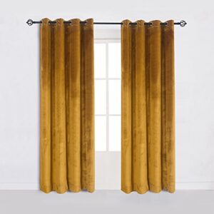 cherry home super soft luxury velvet set of 2 warm yellow blackout velvet energy efficient grommet curtain panel drapes ginger 52wx63l(2 panels) with matching tiebacks