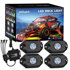 nilight rgb led rock lights kit, 4 pods underglow multicolor neon light pod with bluetooth app control flashing music mode wheel well light for truck atv utv rzr suv