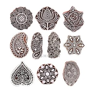 hashcart® wooden pottery stamps for block printing - handcarved indian textile printing blocks set of 10, wooden clay pottery stamps for crafting on fabric, card & henna stamps