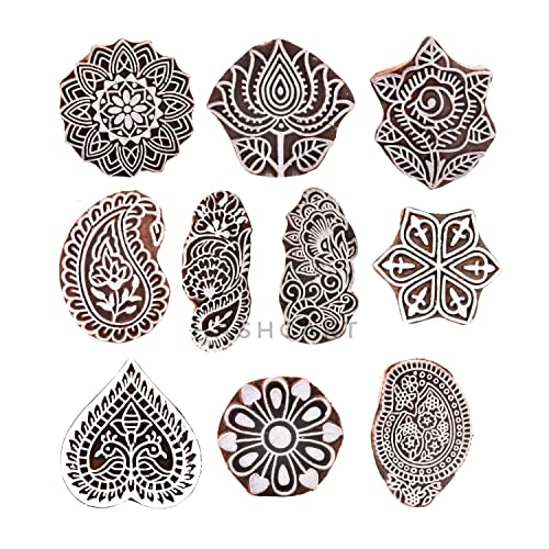 Hashcart® Wooden Pottery Stamps for Block Printing - Handcarved Indian Textile Printing Blocks Set of 10, Wooden Clay Pottery Stamps for Crafting on Fabric, Card & Henna Stamps