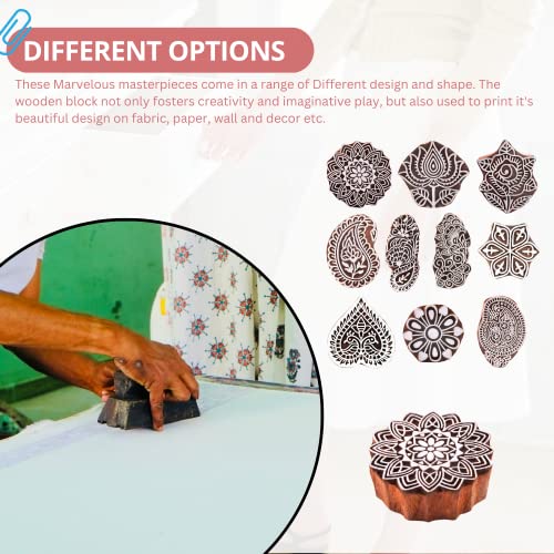 Hashcart® Wooden Pottery Stamps for Block Printing - Handcarved Indian Textile Printing Blocks Set of 10, Wooden Clay Pottery Stamps for Crafting on Fabric, Card & Henna Stamps