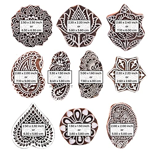 Hashcart® Wooden Pottery Stamps for Block Printing - Handcarved Indian Textile Printing Blocks Set of 10, Wooden Clay Pottery Stamps for Crafting on Fabric, Card & Henna Stamps