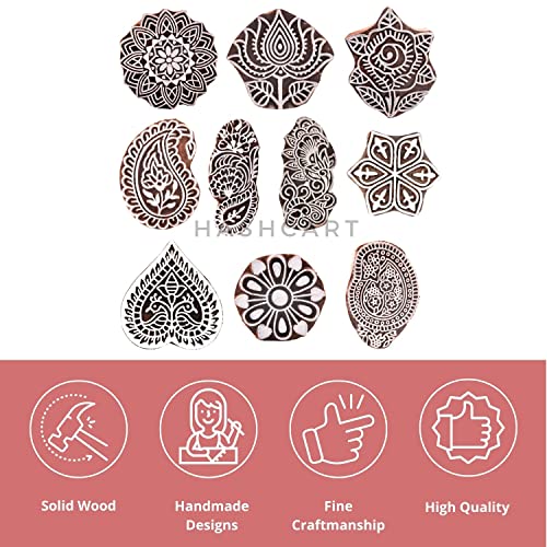 Hashcart® Wooden Pottery Stamps for Block Printing - Handcarved Indian Textile Printing Blocks Set of 10, Wooden Clay Pottery Stamps for Crafting on Fabric, Card & Henna Stamps