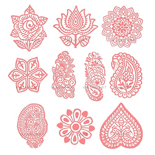 Hashcart® Wooden Pottery Stamps for Block Printing - Handcarved Indian Textile Printing Blocks Set of 10, Wooden Clay Pottery Stamps for Crafting on Fabric, Card & Henna Stamps