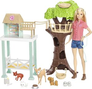 barbie doll & playset, animal rescuer theme with vet doll, 8 animal figures, treehouse, care station, rope bridge & more (amazon exclusive)