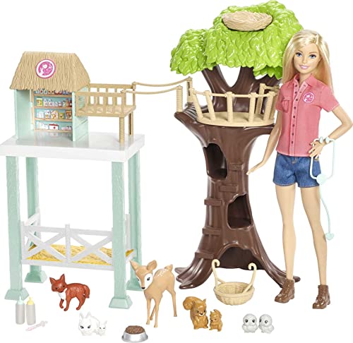 Barbie Doll & Playset, Animal Rescuer Theme with Vet Doll, 8 Animal Figures, Treehouse, Care Station, Rope Bridge & More (Amazon Exclusive)