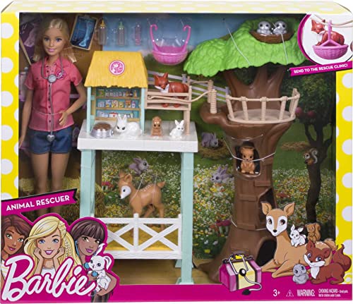 Barbie Doll & Playset, Animal Rescuer Theme with Vet Doll, 8 Animal Figures, Treehouse, Care Station, Rope Bridge & More (Amazon Exclusive)