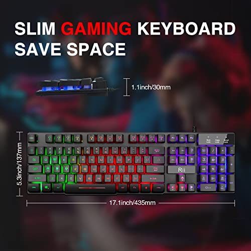 Rii RK100+ Multiple Color Rainbow LED Backlit Large Size USB Wired Mechanical Feeling Multimedia PC Gaming Keyboard,Office Keyboard for Working or Primer Gaming,Office Device