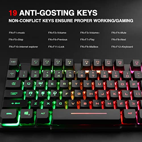 Rii RK100+ Multiple Color Rainbow LED Backlit Large Size USB Wired Mechanical Feeling Multimedia PC Gaming Keyboard,Office Keyboard for Working or Primer Gaming,Office Device