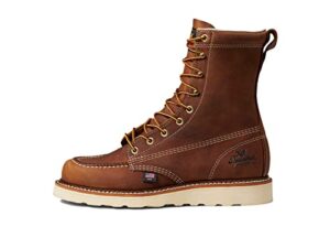 thorogood american heritage 8” moc toe work boots for men breathable leather boots with slip-resistant maxwear wedge outsole and goodyear storm welt, trail crazyhorse - 14 d us