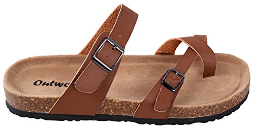 OUTWOODS Women's Bork-30 Vegan Leather Slide On Toe Loop Sandals, Brown 10