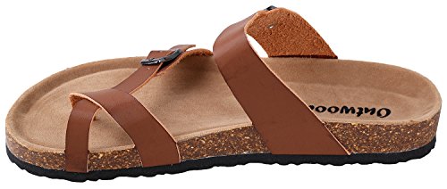 OUTWOODS Women's Bork-30 Vegan Leather Slide On Toe Loop Sandals, Brown 10