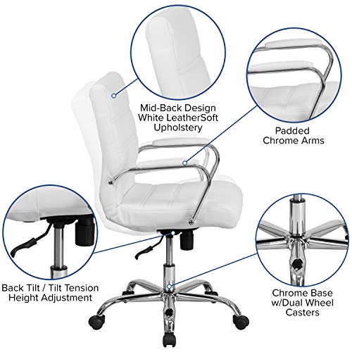 Flash Furniture Whitney Mid-Back Desk Chair - White LeatherSoft Executive Swivel Office Chair with Chrome Frame - Swivel Arm Chair