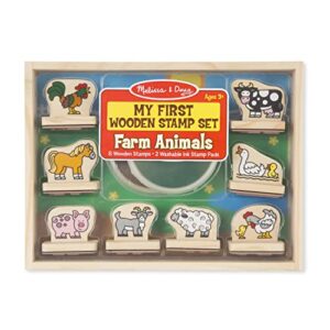 melissa & doug my first wooden stamp set - farm animals - art projects, with washable ink, farm themed wooden stamps for kids ages 4+,brown / green