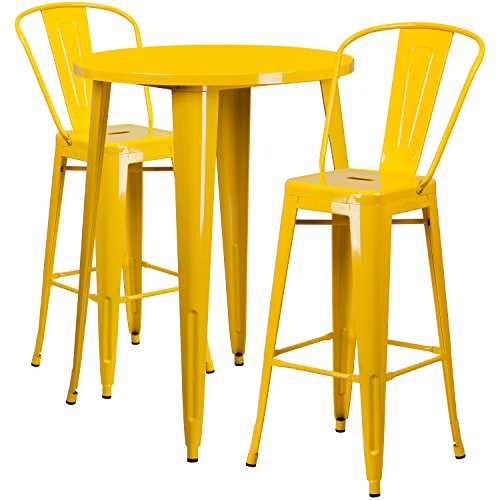 Flash Furniture Commercial Grade 30" Round Yellow Metal Indoor-Outdoor Bar Table Set with 2 Cafe Stools