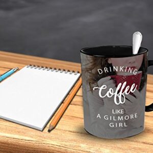 Vitazi Kitchenware Gilmore Girls Gift (15 oz) Drinking Coffee Like a Gilmore Girl Mugs With Quotes and Sayings, Ceramic Coffee Mug - With Image (Black)