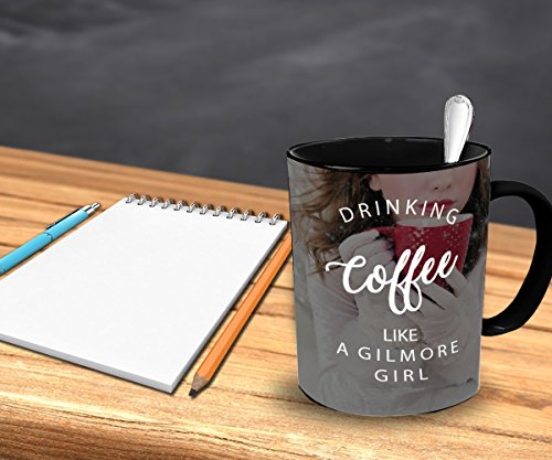 Vitazi Kitchenware Gilmore Girls Gift (15 oz) Drinking Coffee Like a Gilmore Girl Mugs With Quotes and Sayings, Ceramic Coffee Mug - With Image (Black)