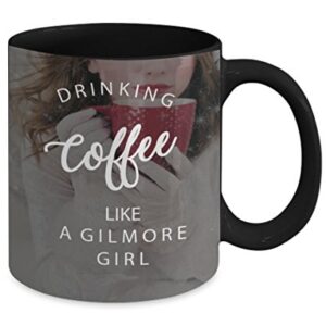 Vitazi Kitchenware Gilmore Girls Gift (15 oz) Drinking Coffee Like a Gilmore Girl Mugs With Quotes and Sayings, Ceramic Coffee Mug - With Image (Black)