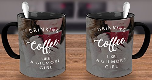 Vitazi Kitchenware Gilmore Girls Gift (15 oz) Drinking Coffee Like a Gilmore Girl Mugs With Quotes and Sayings, Ceramic Coffee Mug - With Image (Black)