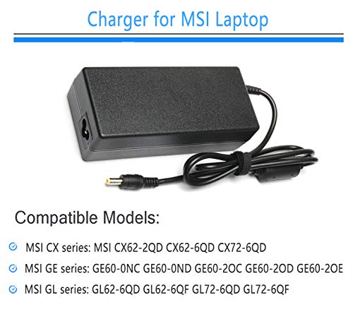 120W Laptop Ac Adapter Charger Power Cord Supply for MSI- Laptop CX62 GE60 GE60K GE62 GE70 GE70K GE72 GP60 GP70 GP72 GS60 GS70 MS-16GA Stealth MS-1756 MS-1757 MS-1771 MS163A E7235 E7405