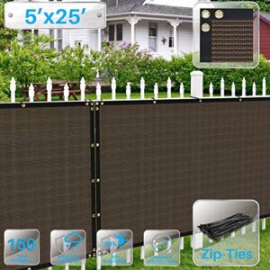 Patio 5' x 25' Fence Privacy Screen Brown Commercial Grade Mesh Shade Fabric with Brass Gromment Outdoor Windscreen Zipties