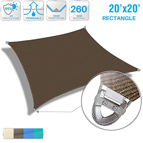 Patio Paradise Large Sun Shade Sail Brown 20' x 20' Square Heavy Duty Strengthen Durable Outdoor Canopy UV Block Fabric A-Ring Design Metal Spring Reinforcement