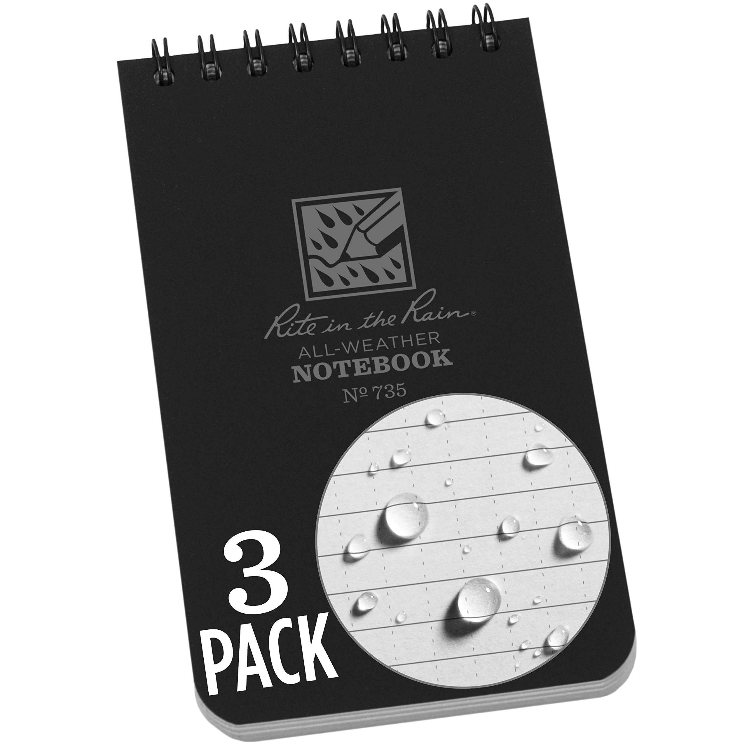 Rite in the Rain Weatherproof Top-Spiral Notebook, 3" x 5", Black Cover, Universal Pattern, 3 Pack (No. 735-3)