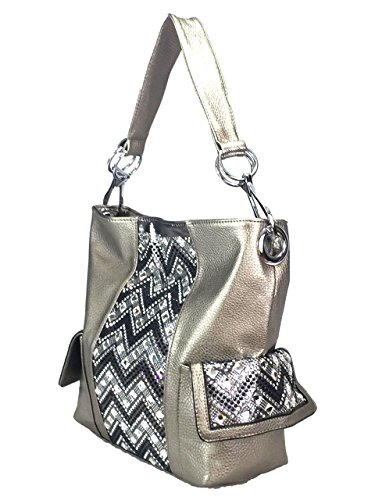 ZZFAB Chevron Handbag Zigzag Sparkle Purse with Side Pockets Pewter