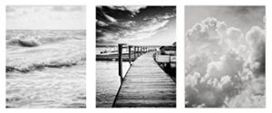 lisa russo fine art black and white wall art set of 3 5x7” prints, unframed, black and white minimalist ocean, clouds, nautical pictures for office, bedroom, bathroom walls