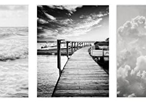 LISA RUSSO FINE ART Black and White Wall Art Set of 3 5x7” Prints, Unframed, Black and White Minimalist Ocean, Clouds, Nautical Pictures for Office, Bedroom, Bathroom Walls