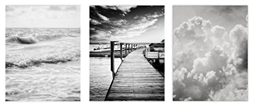 LISA RUSSO FINE ART Black and White Wall Art Set of 3 5x7” Prints, Unframed, Black and White Minimalist Ocean, Clouds, Nautical Pictures for Office, Bedroom, Bathroom Walls