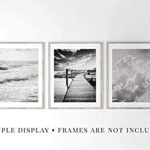 LISA RUSSO FINE ART Black and White Wall Art Set of 3 5x7” Prints, Unframed, Black and White Minimalist Ocean, Clouds, Nautical Pictures for Office, Bedroom, Bathroom Walls