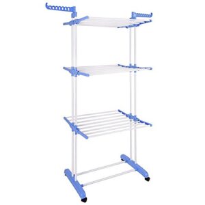 Aquaterior Folding 3 Tier Clothes Drying Rack Rolling Collapsible Garment Laundry Dryer Hanger Stand Rail with Two Side Wings Indoor Blue