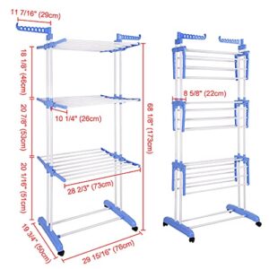 Aquaterior Folding 3 Tier Clothes Drying Rack Rolling Collapsible Garment Laundry Dryer Hanger Stand Rail with Two Side Wings Indoor Blue