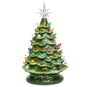 best choice products 15in ceramic christmas tree, pre-lit hand-painted tabletop holiday decoration w/power cord, star topper, 64 multicolored lights