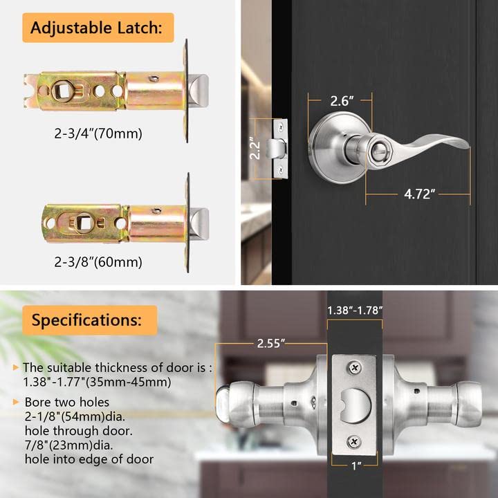 Probrico Privacy Door Levers Wave Style Handles Keyless Lock Bed Bath Door Lockset, Satin Nickel 6 Pack