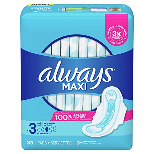 Always Maxi Size 3 Feminine Pads with Wings, Extra Long Super Absorbency, Unscented, 33 Count