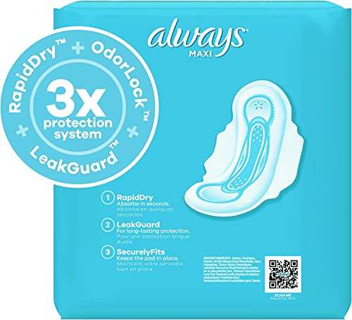 Always Maxi Size 3 Feminine Pads with Wings, Extra Long Super Absorbency, Unscented, 33 Count