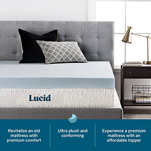 LUCID 4 Inch Gel Memory Foam Mattress Topper, Ventilated Design, Ultra Plush, CertiPUR-US Certified, King, Blue