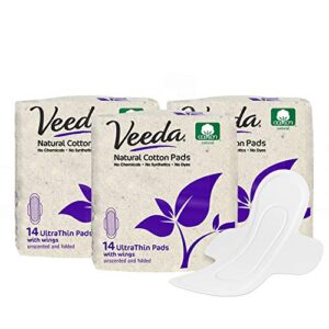 veeda ultra thin super absorbent day pads are always chlorine pesticide dye and fragrance free natural cotton sanitary napkins, 14 count (pack of 3)