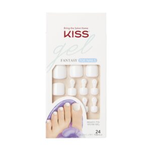 kiss gel fantasy collection ready-to-wear fake toenails pedicure set, style 'this is classic', with mini nail file, pink gel nail glue & 28 white smudge-proof glue-on toenails
