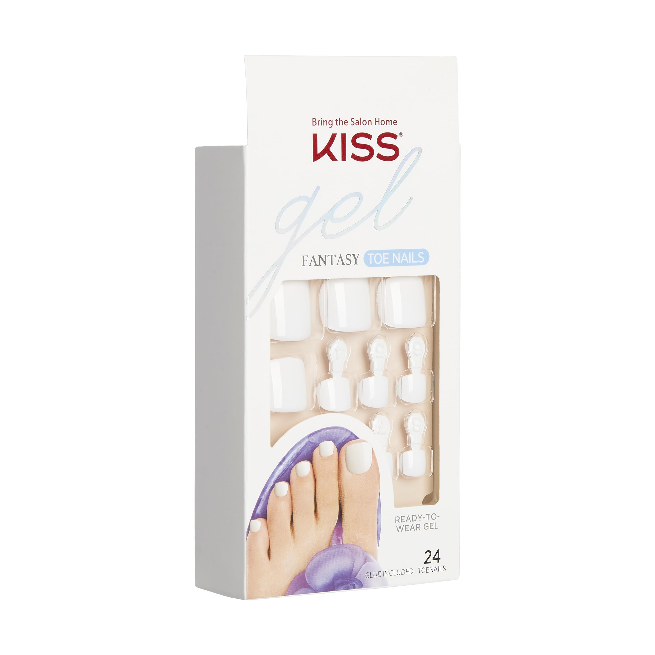 KISS Gel Fantasy Collection Ready-To-Wear Fake Toenails Pedicure Set, Style 'This is Classic', with Mini Nail File, Pink Gel Nail Glue & 28 White Smudge-Proof Glue-On Toenails