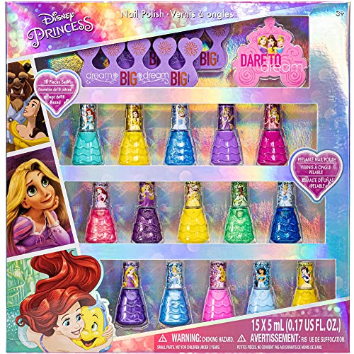 Townley Girl Disney Princess Non-Toxic Peel-Off Water-Based Safe Quick Dry Nail Polish| Gift Kit Set for Kids Girls| Glittery and Opaque Colors| Ages 3+ (18 Pcs)