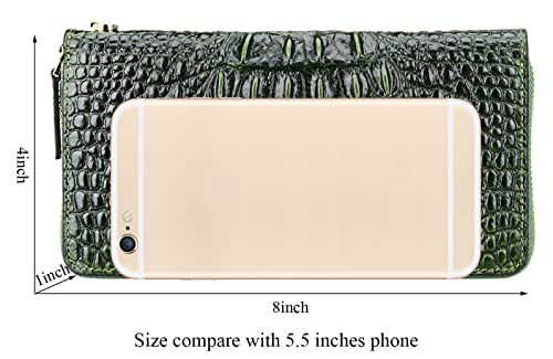 PIJUSHI Wristlet Wallet Crocodile Leather Wallets for Women Ladies Clutch Purse (1058 Green)