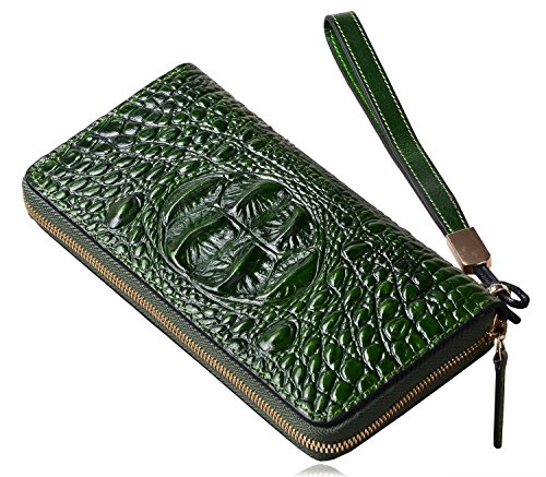 PIJUSHI Wristlet Wallet Crocodile Leather Wallets for Women Ladies Clutch Purse (1058 Green)