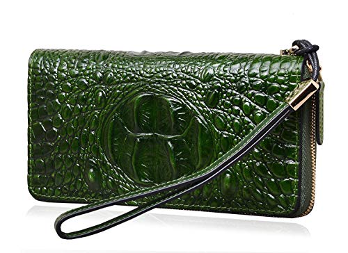 PIJUSHI Wristlet Wallet Crocodile Leather Wallets for Women Ladies Clutch Purse (1058 Green)